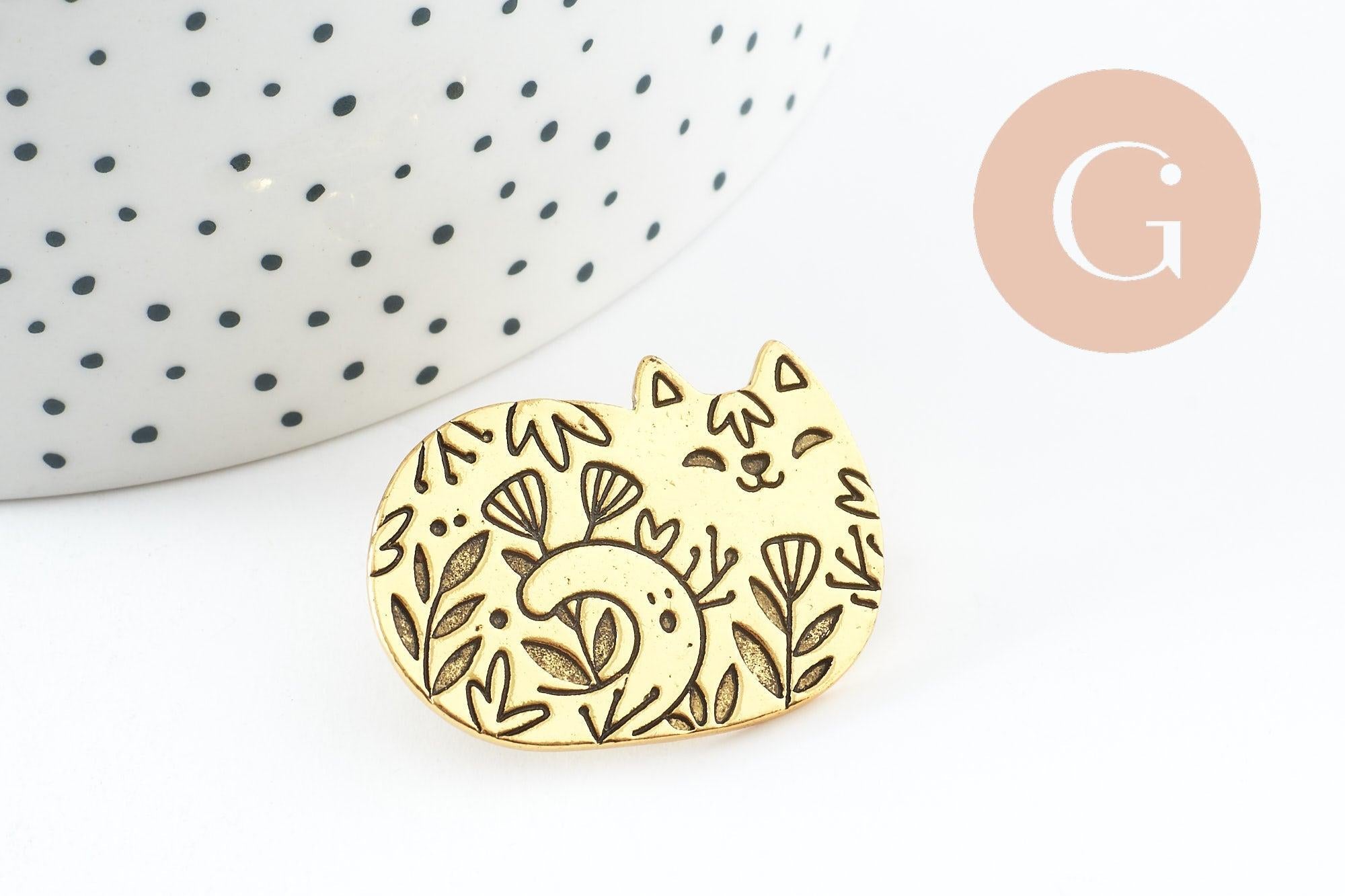 Gingerlily Broche G9786 chat gravé acier doré 34mm x1