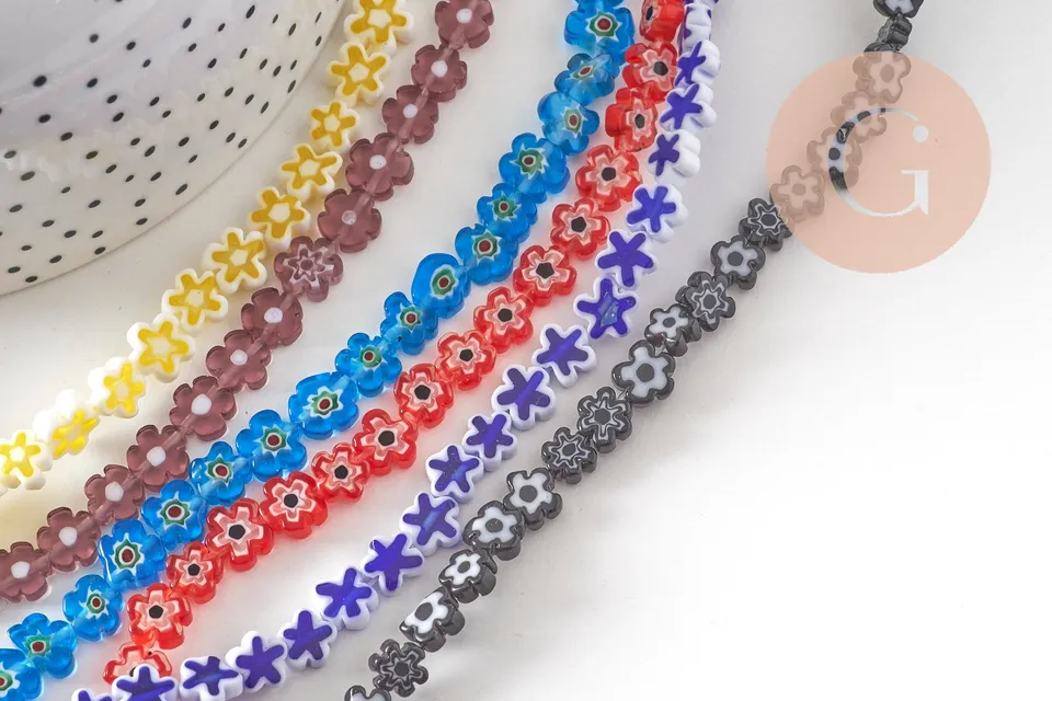 Gingerlily Millefiori Perles fleurs verre 6.5-9mm fil 40cm