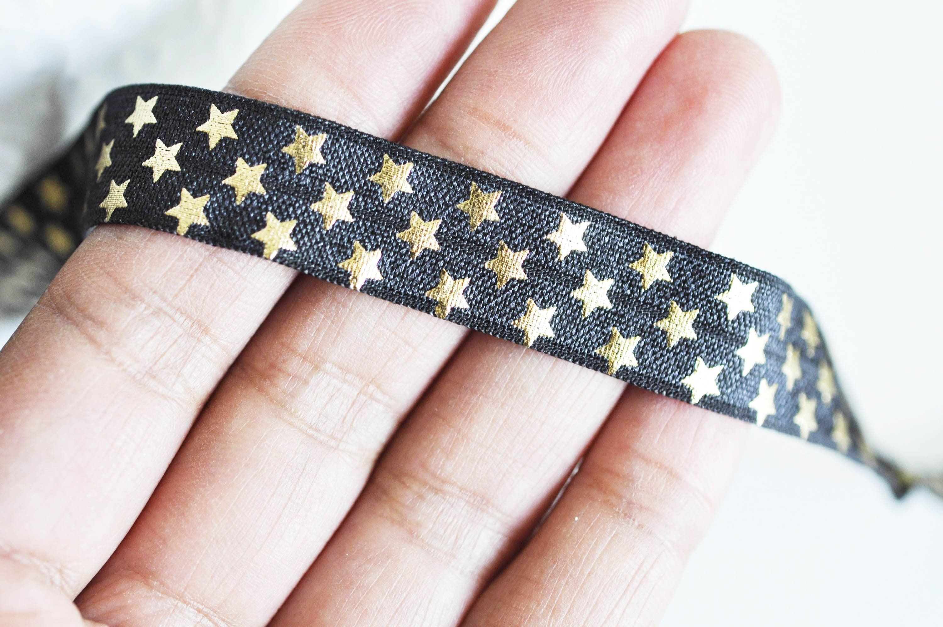 Gingerlily Cordons DIY G1758 ruban élastique noir étoiles or 16mm