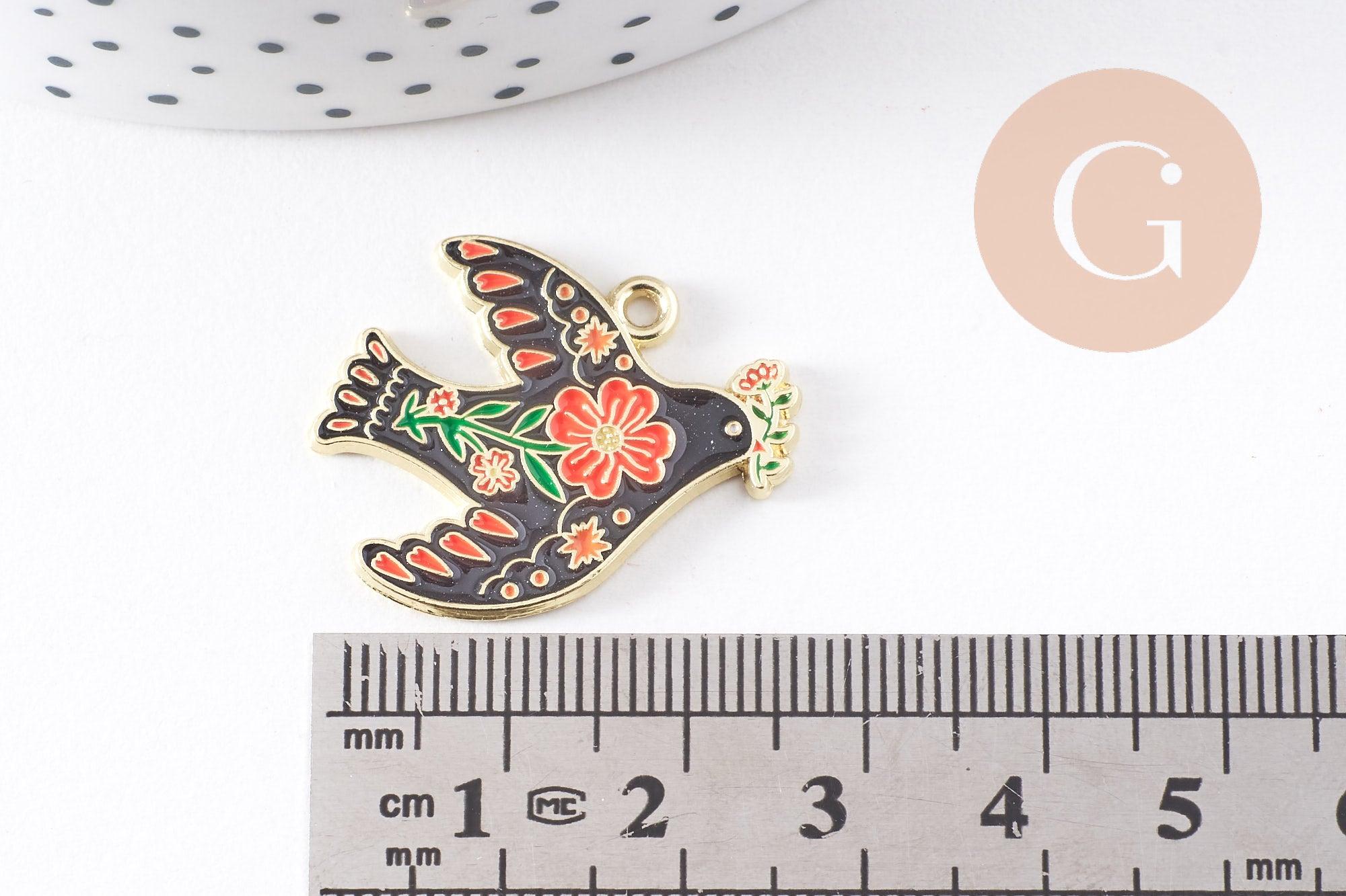 Gingerlily Pendentif colombe noir fleurs doré 26mm x2 G10157