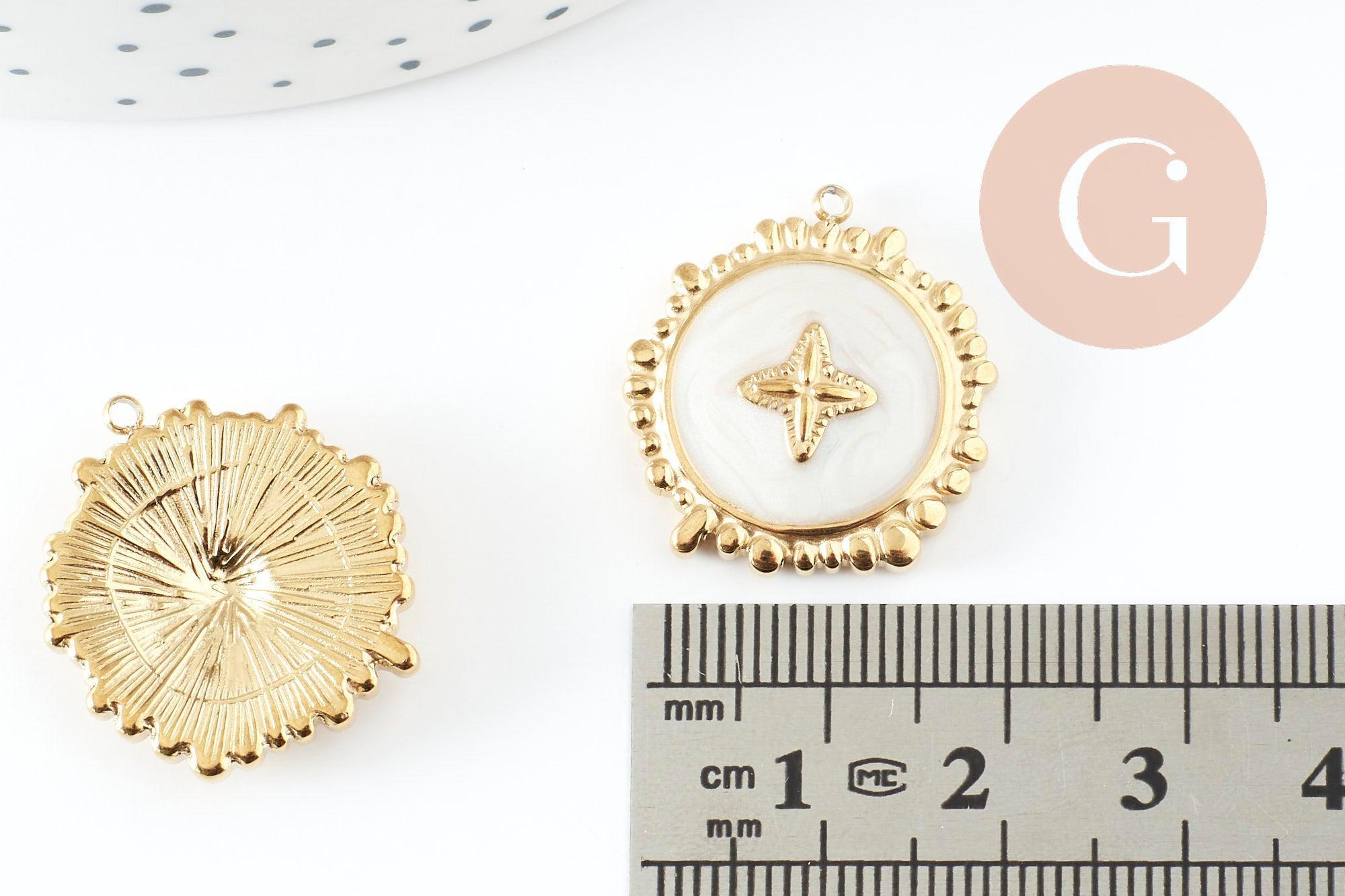 Gingerlily Pendentif rond fleur acier doré résine 23mm