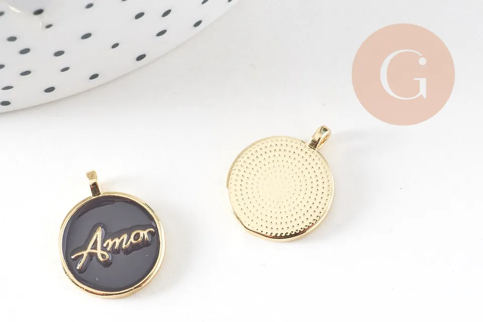 Gingerlily Pendentif médaille AMOR émail noir 20.5mm x1 doré