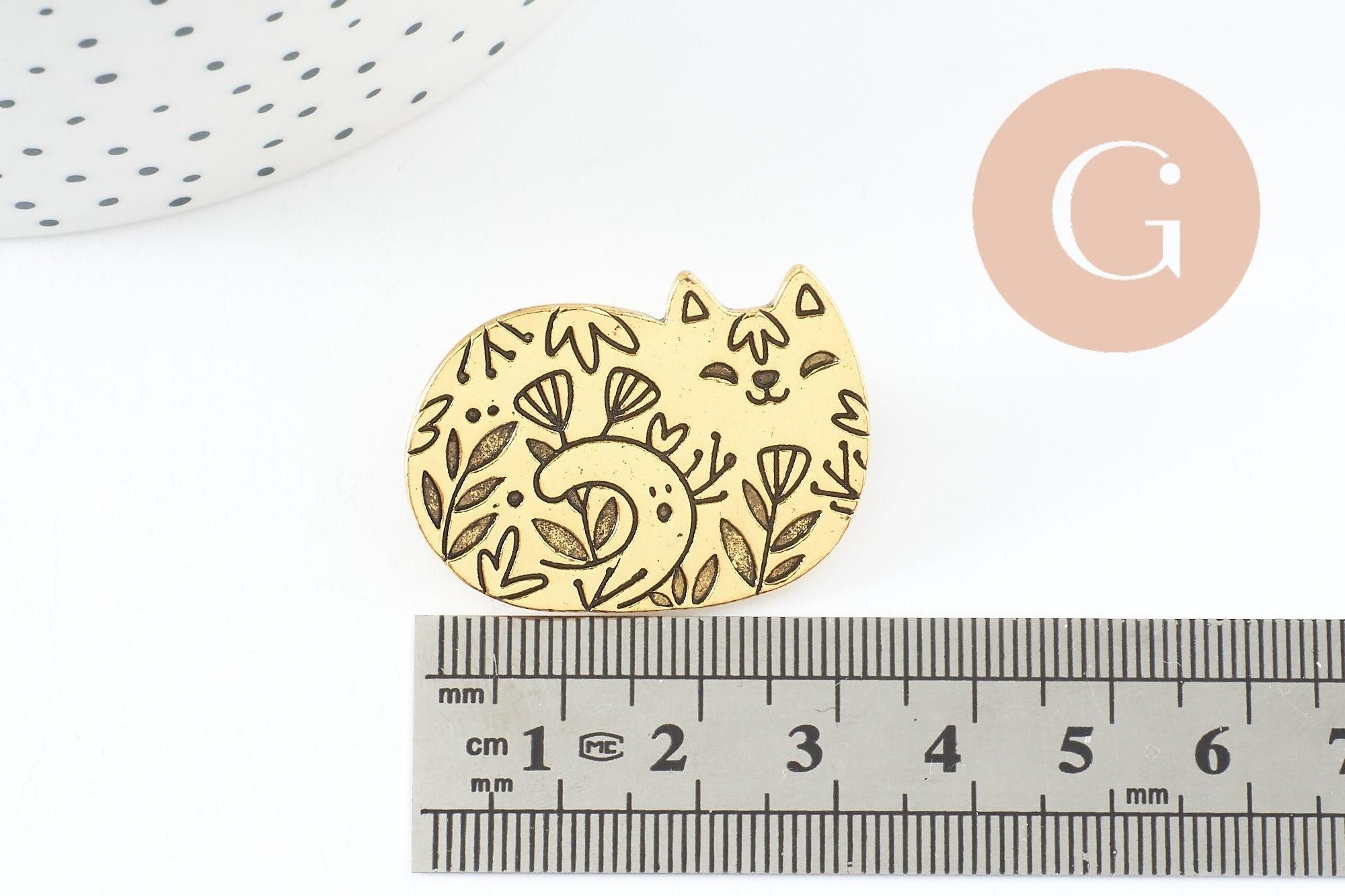 Gingerlily Broche G9786 chat gravé acier doré 34mm x1