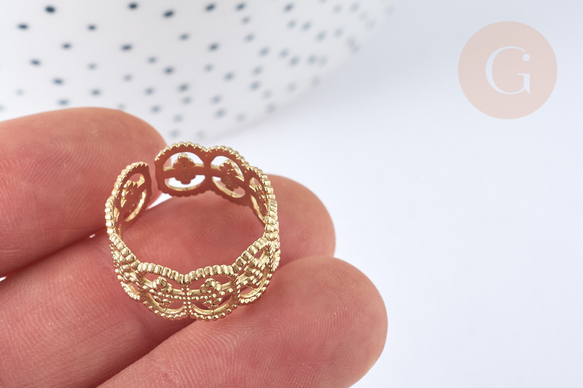 Gingerlily bague réglable chevrons dentelle acier doré taille 54