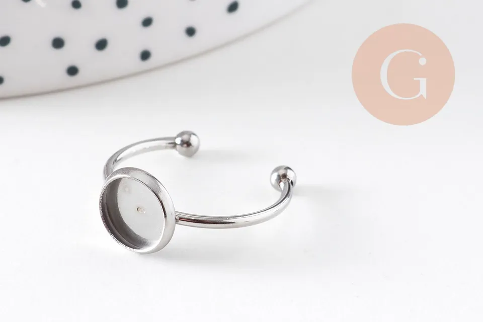 Gingerlily Bague réglable cabochon 8mm apprêt acier platine