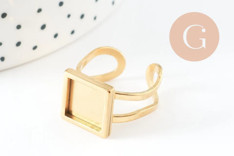 Gingerlily Perles Bague réglable carré 10 mm acier doré x1
