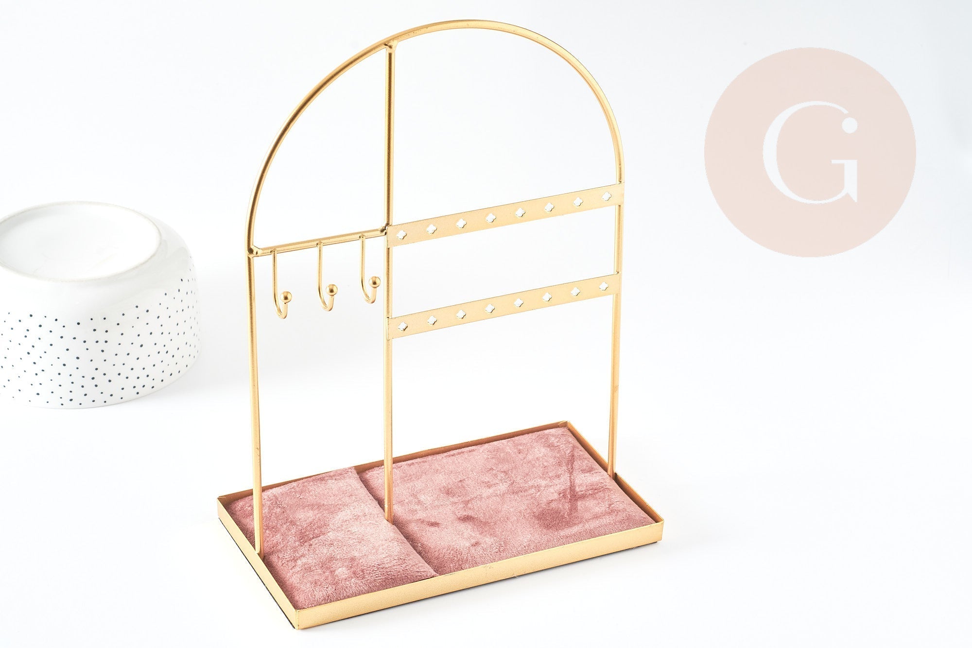 Gingerlily Présentoir à bijoux laiton doré velours vieux rose