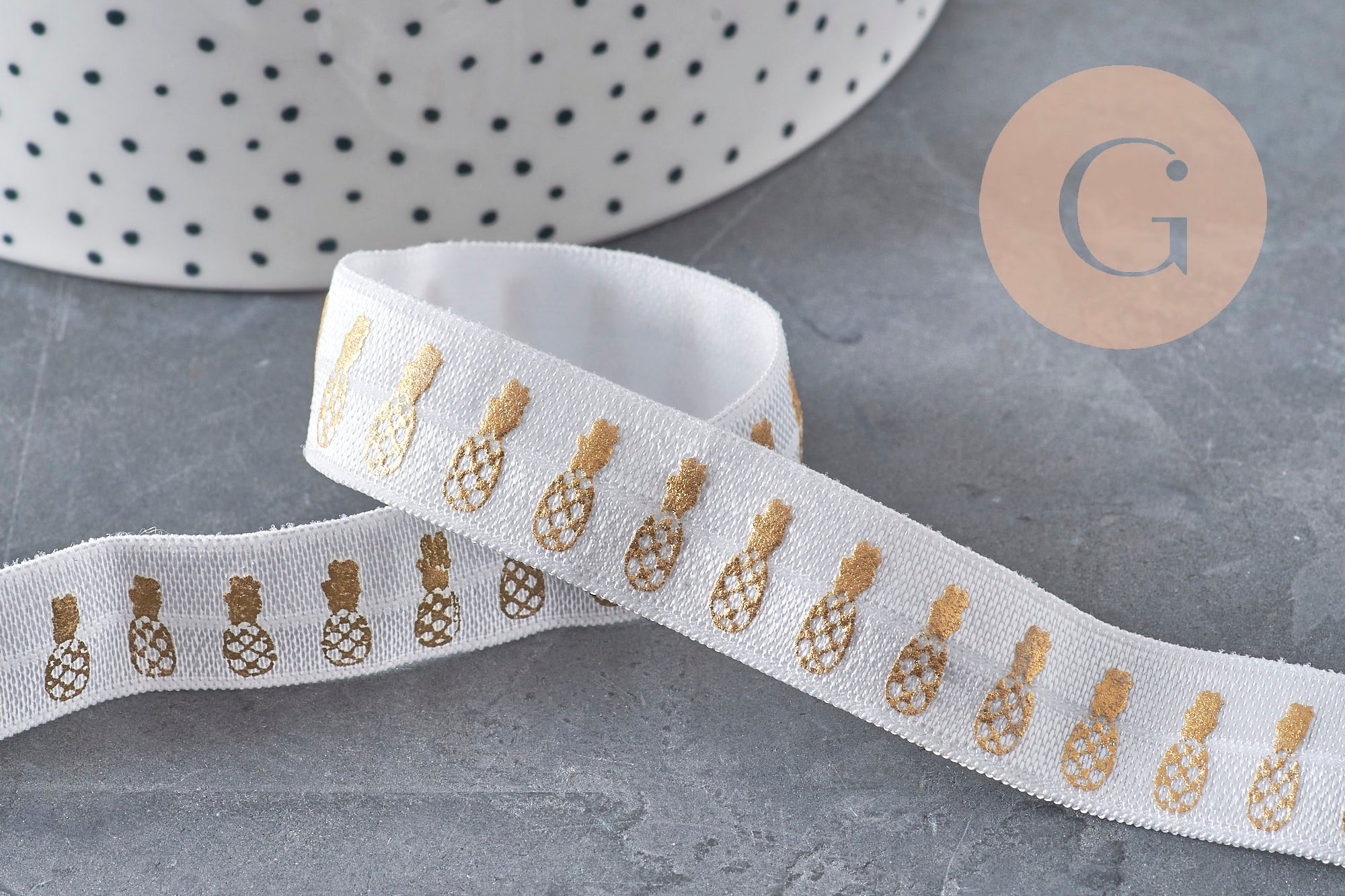 Gingerlily Cordons G2155 ruban élastique blanc ananas or 16mm 1m