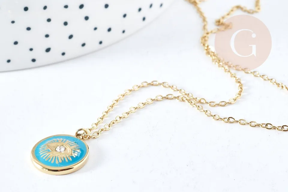 Gingerlily Collier médaille œil turquoise 45cm doré
