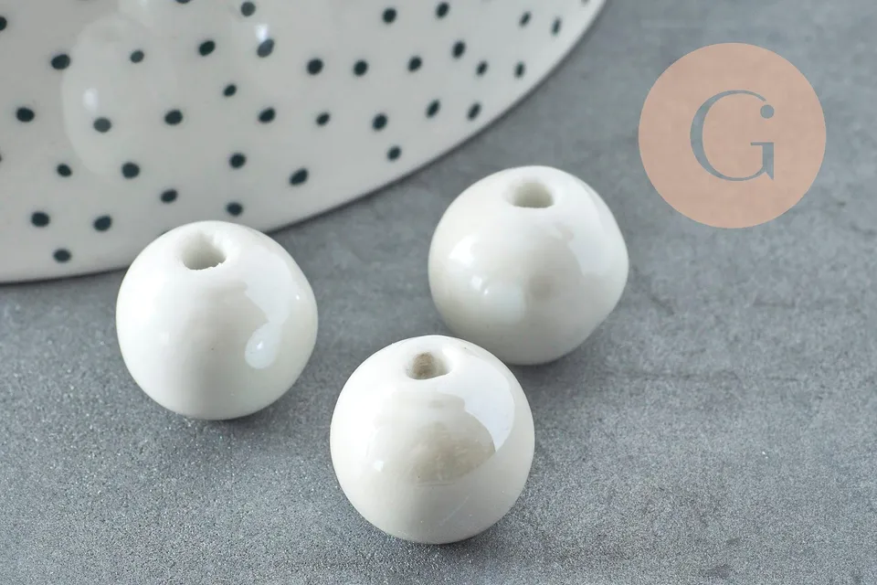 Gingerlily Perles rondes porcelaine émaillée gris clair 16mm x10