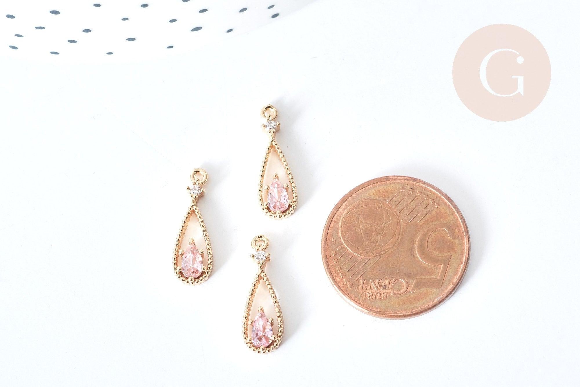Gingerlily Pendentif goutte laiton doré zircons roses 17,5mm