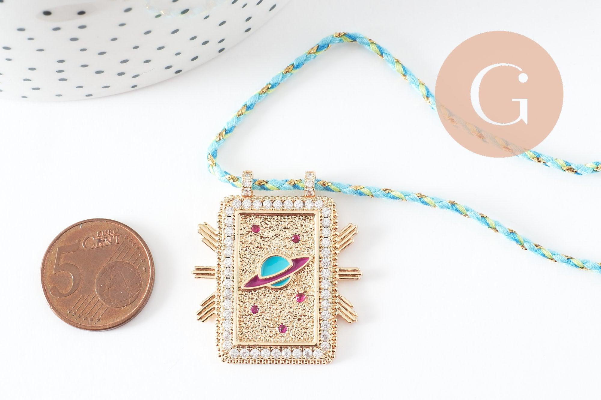 Gingerlily Collier médaille planète zircon doré cordon 45cm