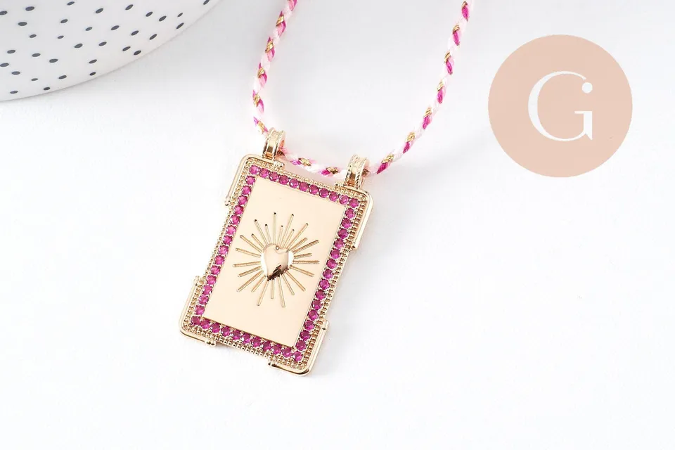 Gingerlily Collier médaille cœurs zircons fuchsia 45 cm