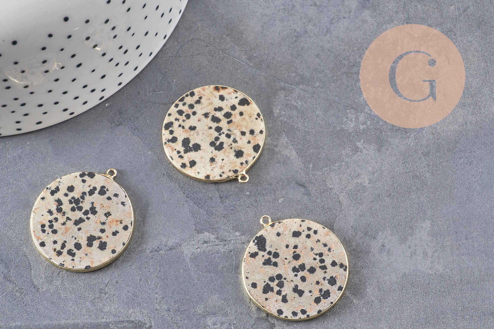 Gingerlily Pendentif jaspe dalmatien rond doré 32mm x1
