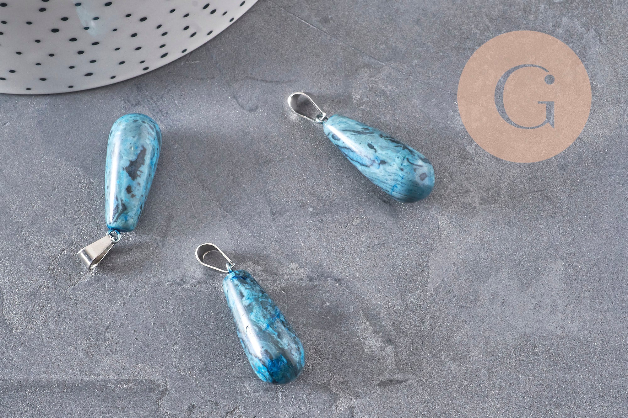 Gingerlily Perles G11117 pendentif goutte agate bleue 28mm acier