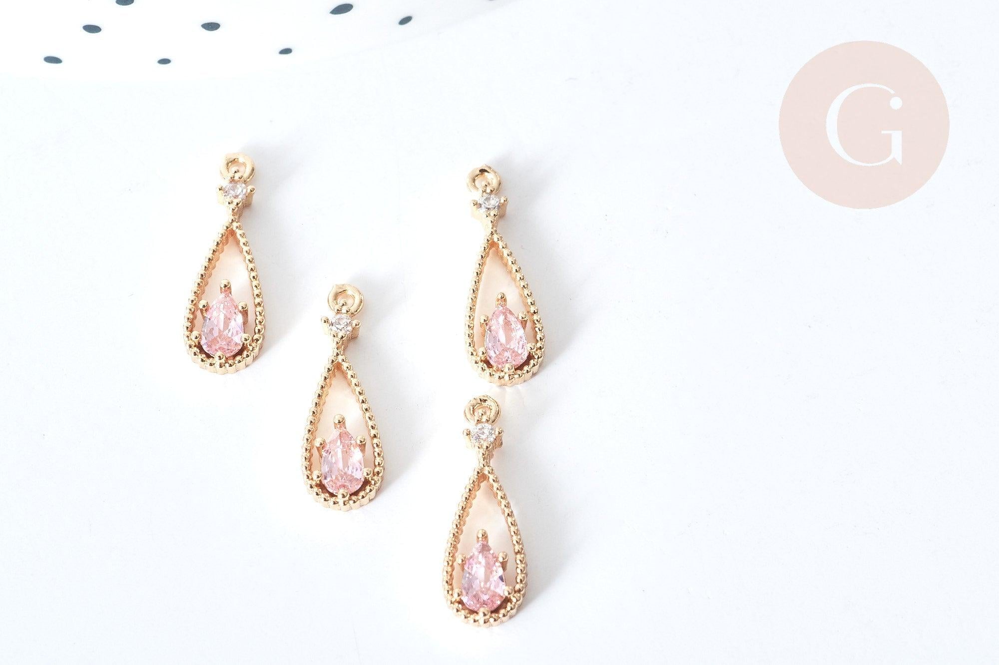 Gingerlily Pendentif goutte laiton doré zircons roses 17,5mm