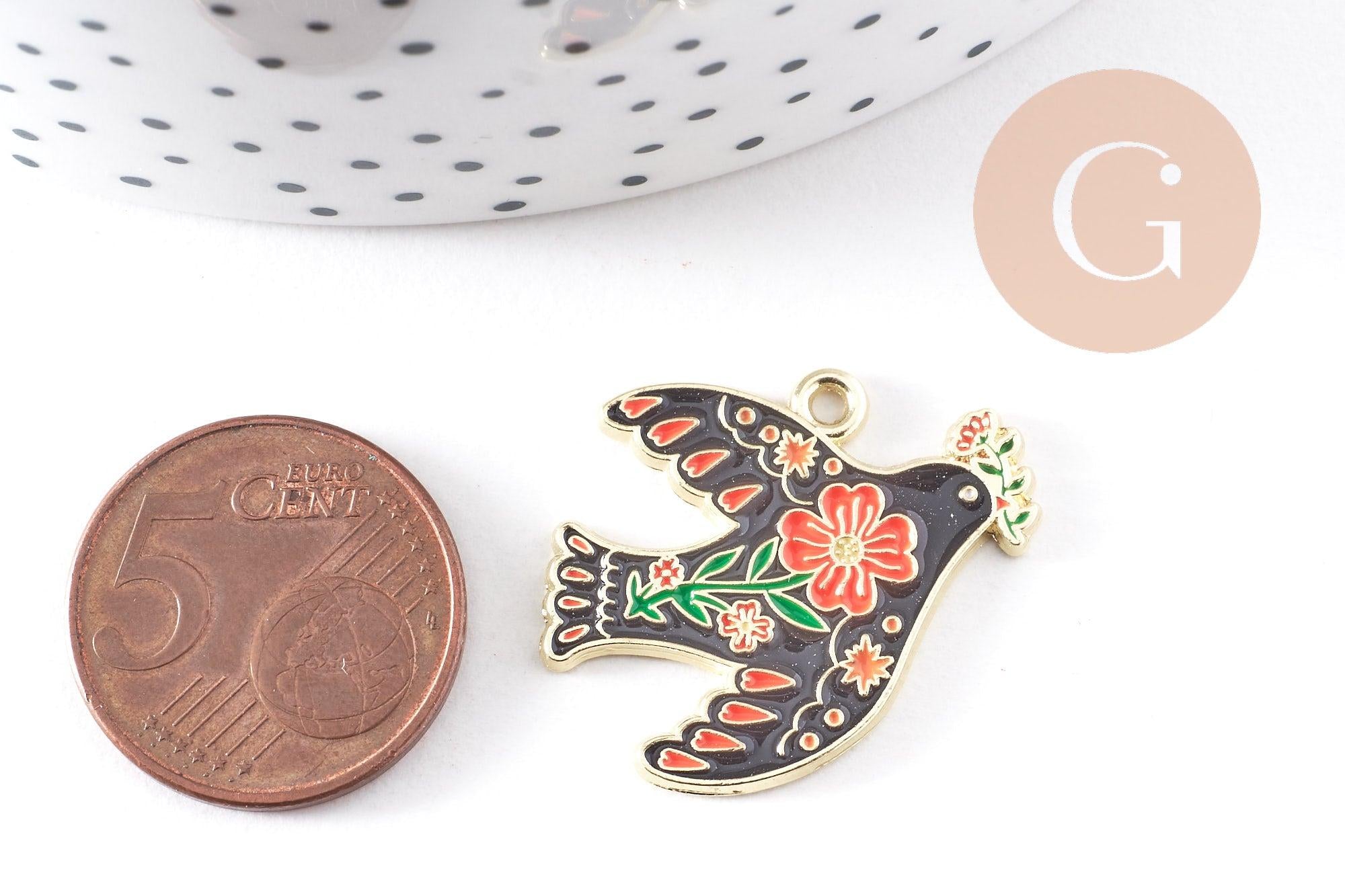 Gingerlily Pendentif colombe noir fleurs doré 26mm x2 G10157