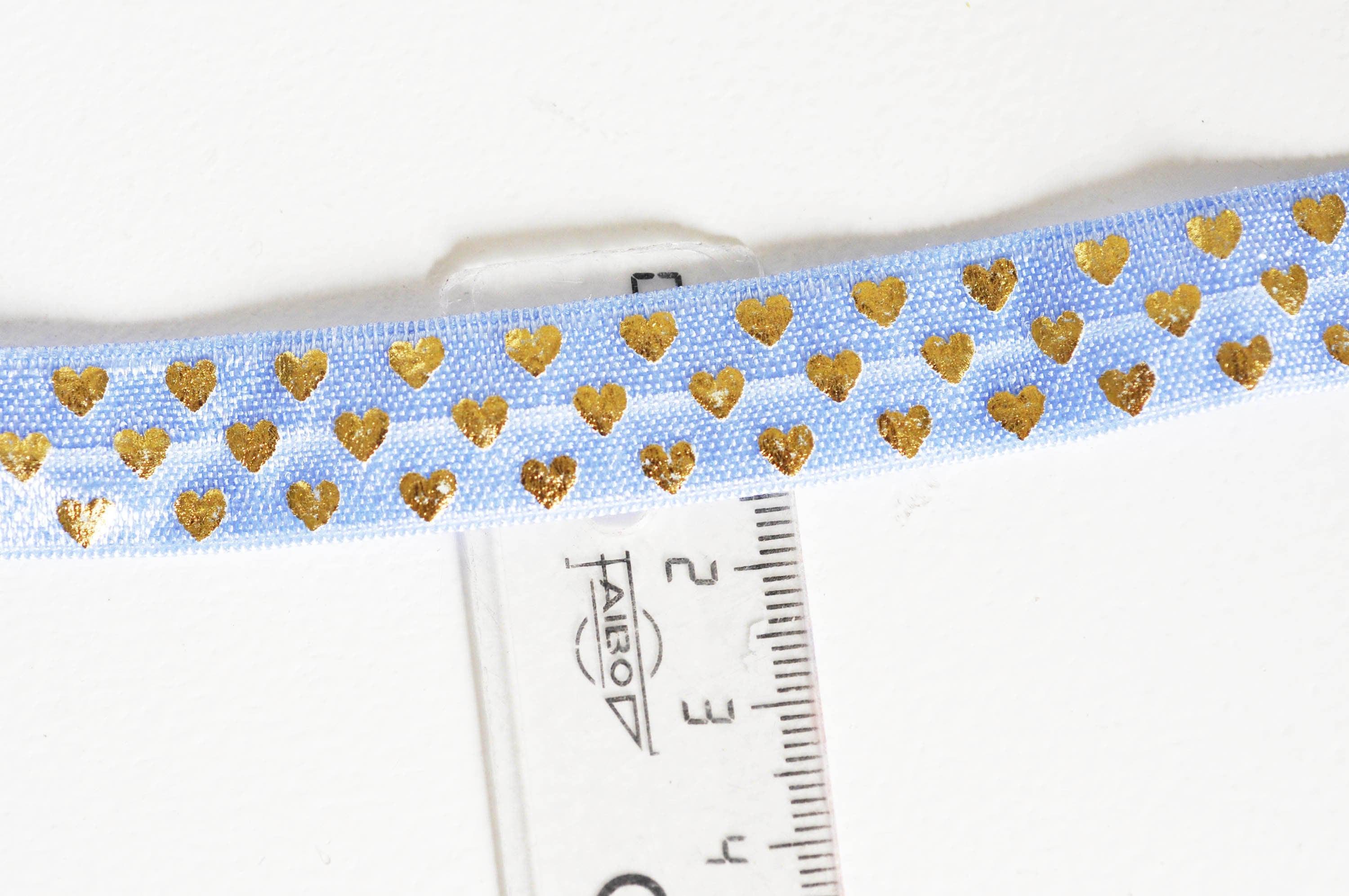 Gingerlily Ruban Élastique Bleu Cœurs Or 16mm 1 mètre