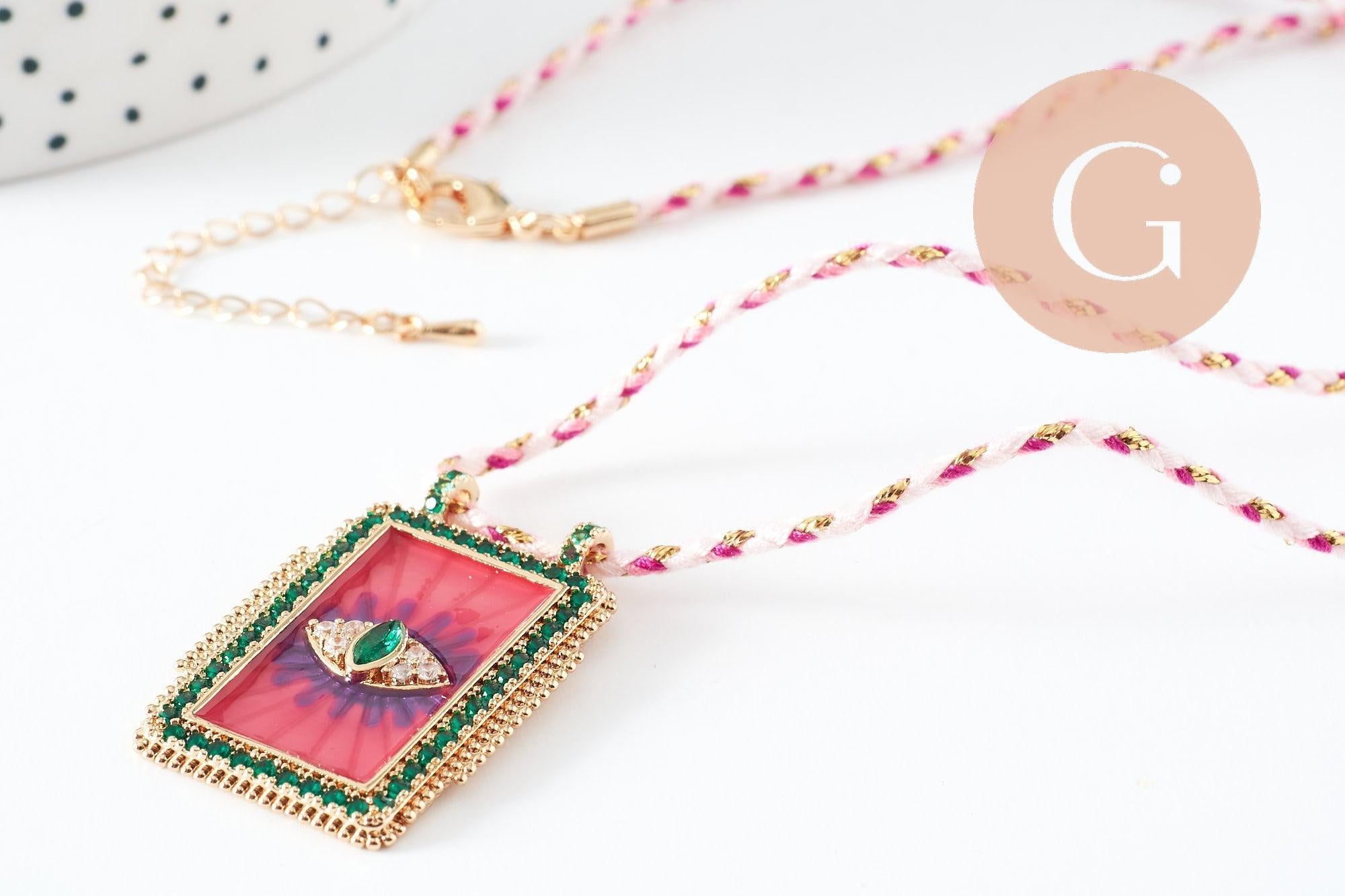 Gingerlily G9569 collier cordon médaille oeil rose vert 45cm