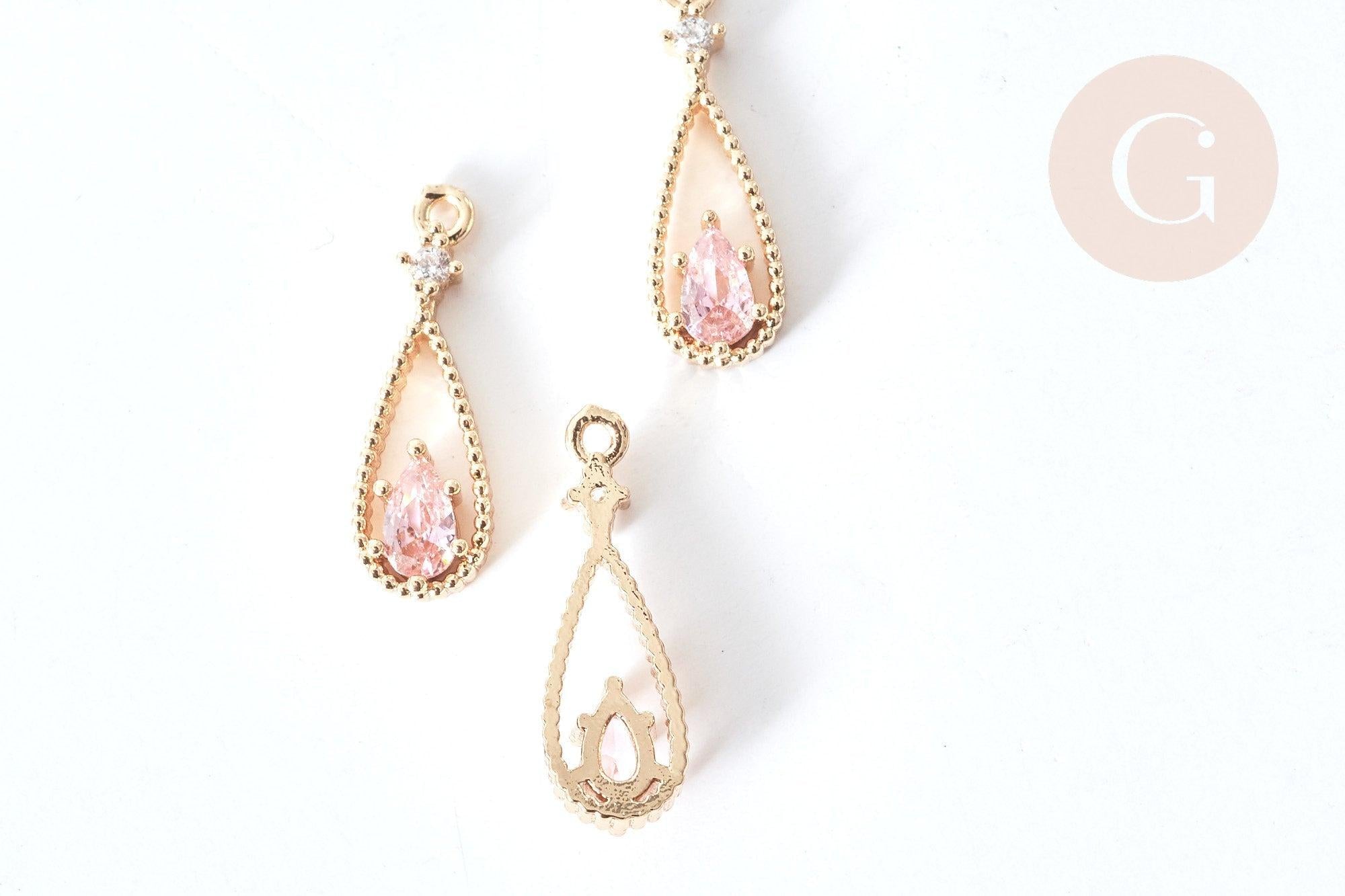 Gingerlily Pendentif goutte laiton doré zircons roses 17,5mm