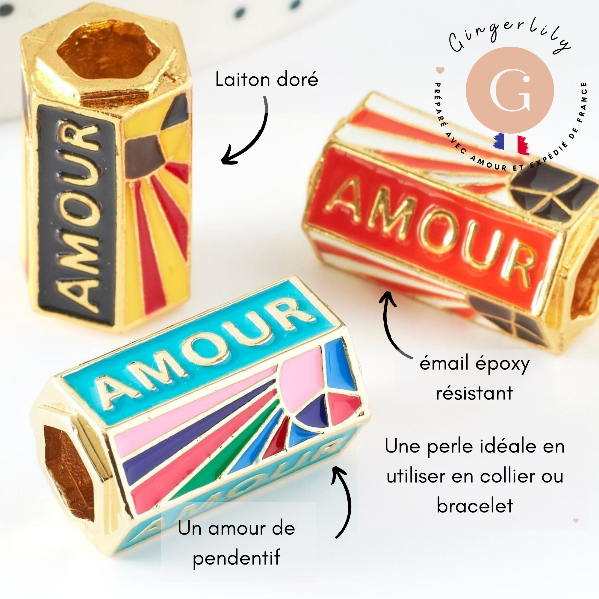 Gingerlily Perles G9416 perle tube amour laiton doré x1