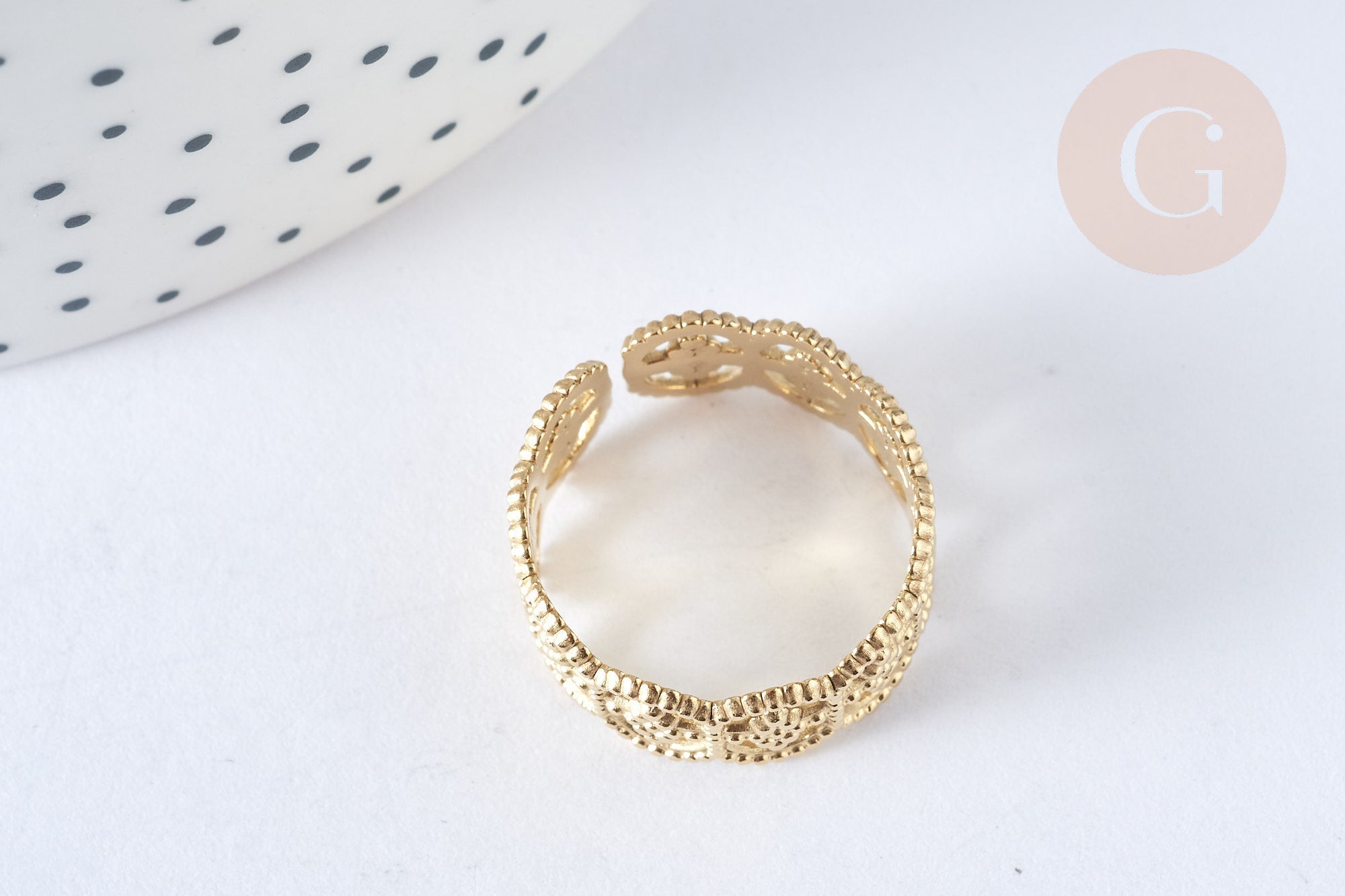Gingerlily bague réglable chevrons dentelle acier doré taille 54