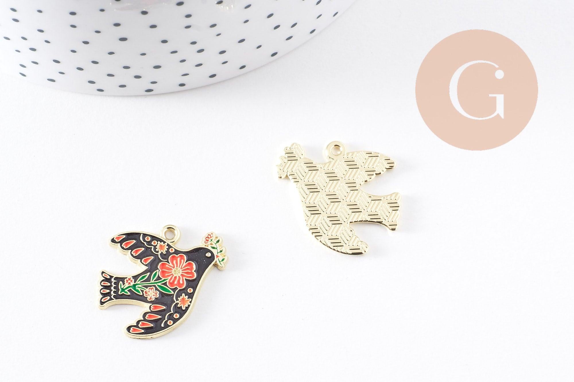 Gingerlily Pendentif colombe noir fleurs doré 26mm x2 G10157