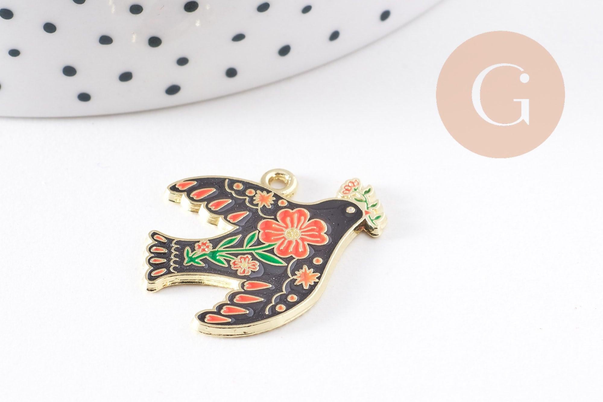Gingerlily Pendentif colombe noir fleurs doré 26mm x2 G10157