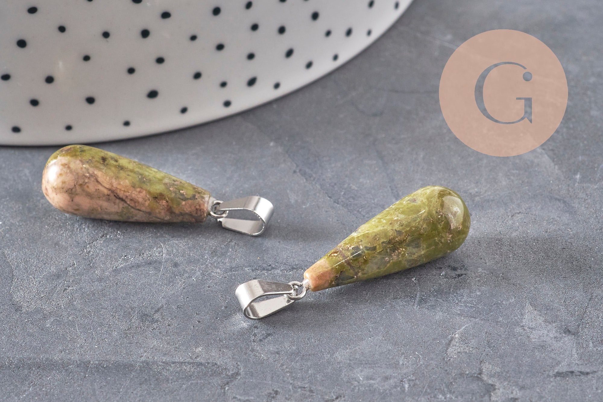 Gingerlily pendentif goutte unakite verte 28mm acier pierre DIY