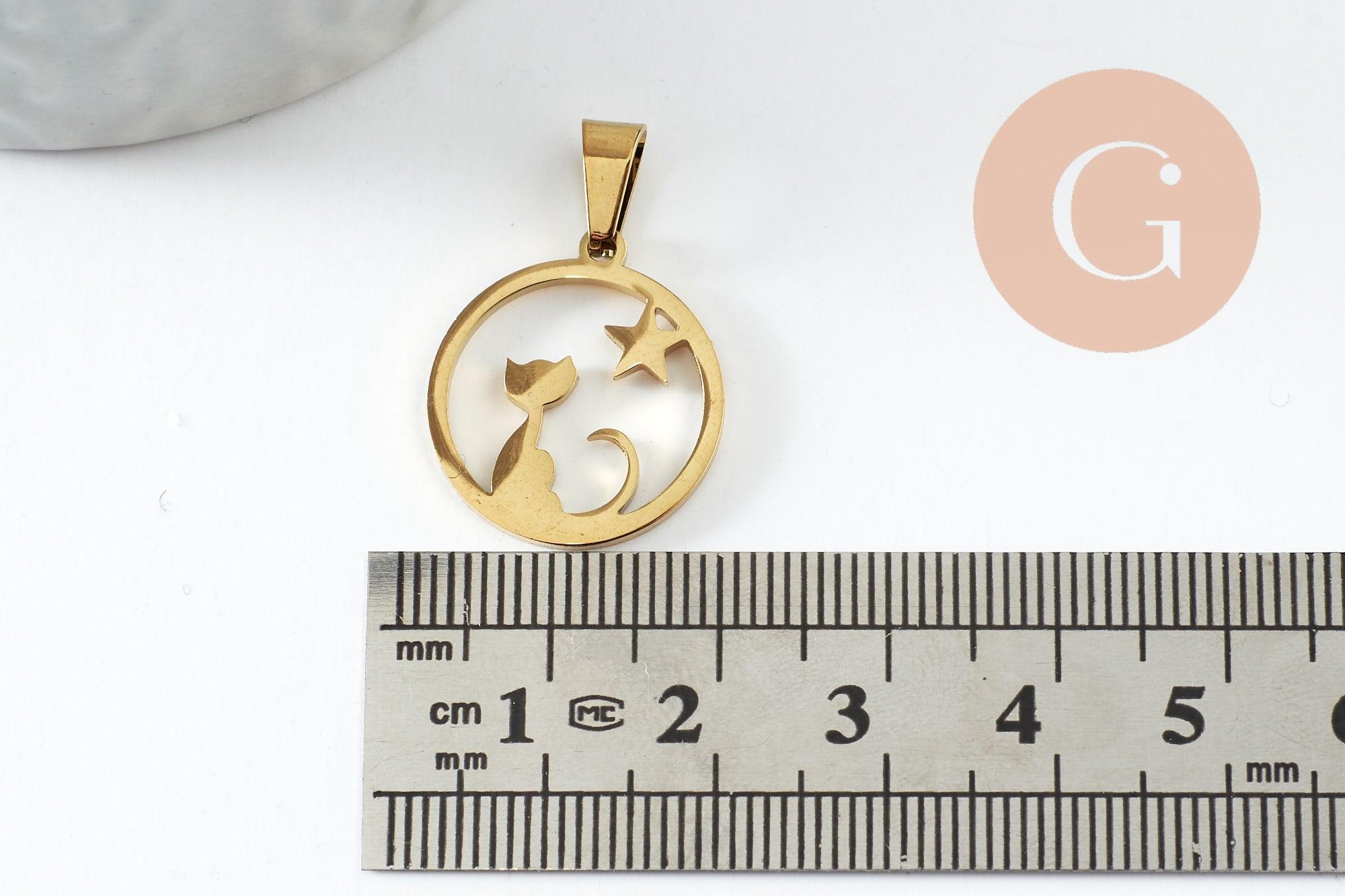 Gingerlily Pendentif DIY G9859 chat étoile acier doré 19mm x1