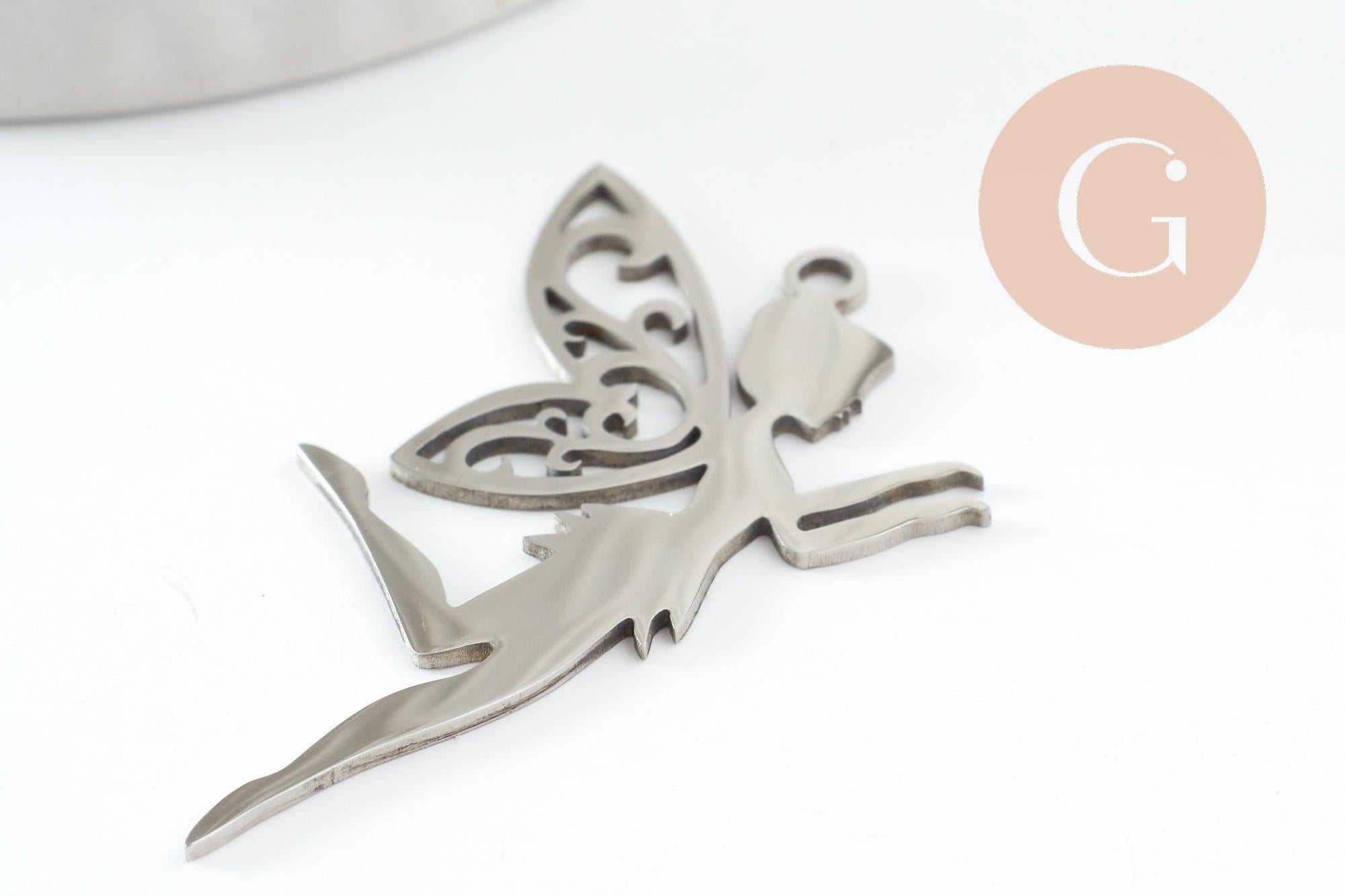 Gingerlily fée ange G9803 pendentif acier platine 41mm x1