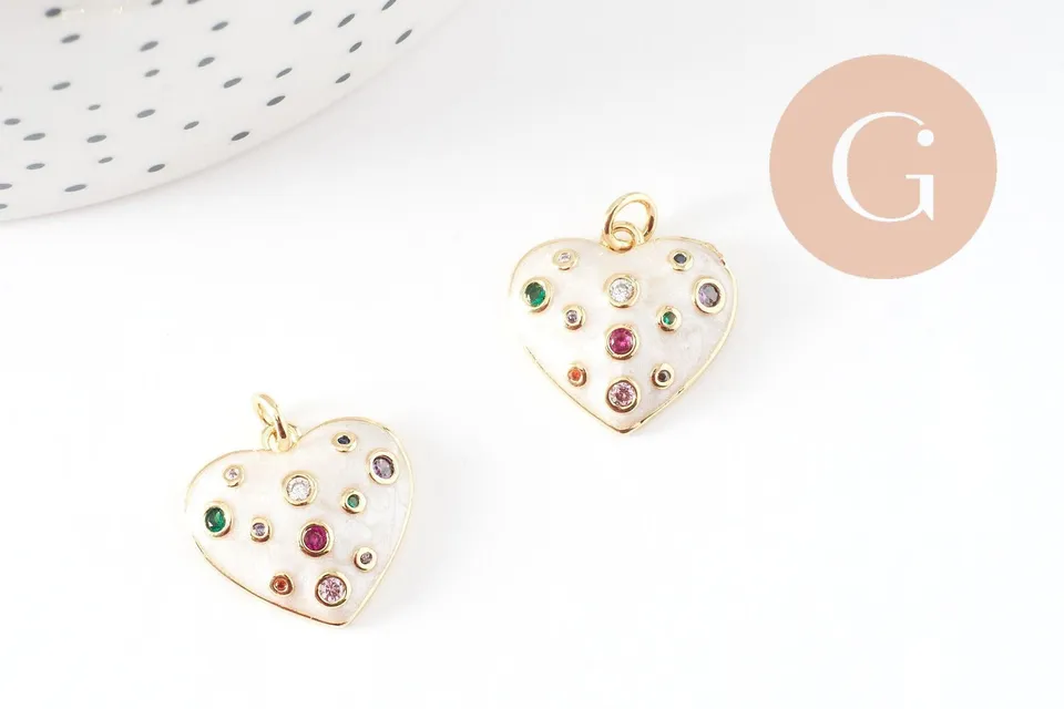 Gingerlily Perles pendentif coeur émail blanc zircon 18mm x1