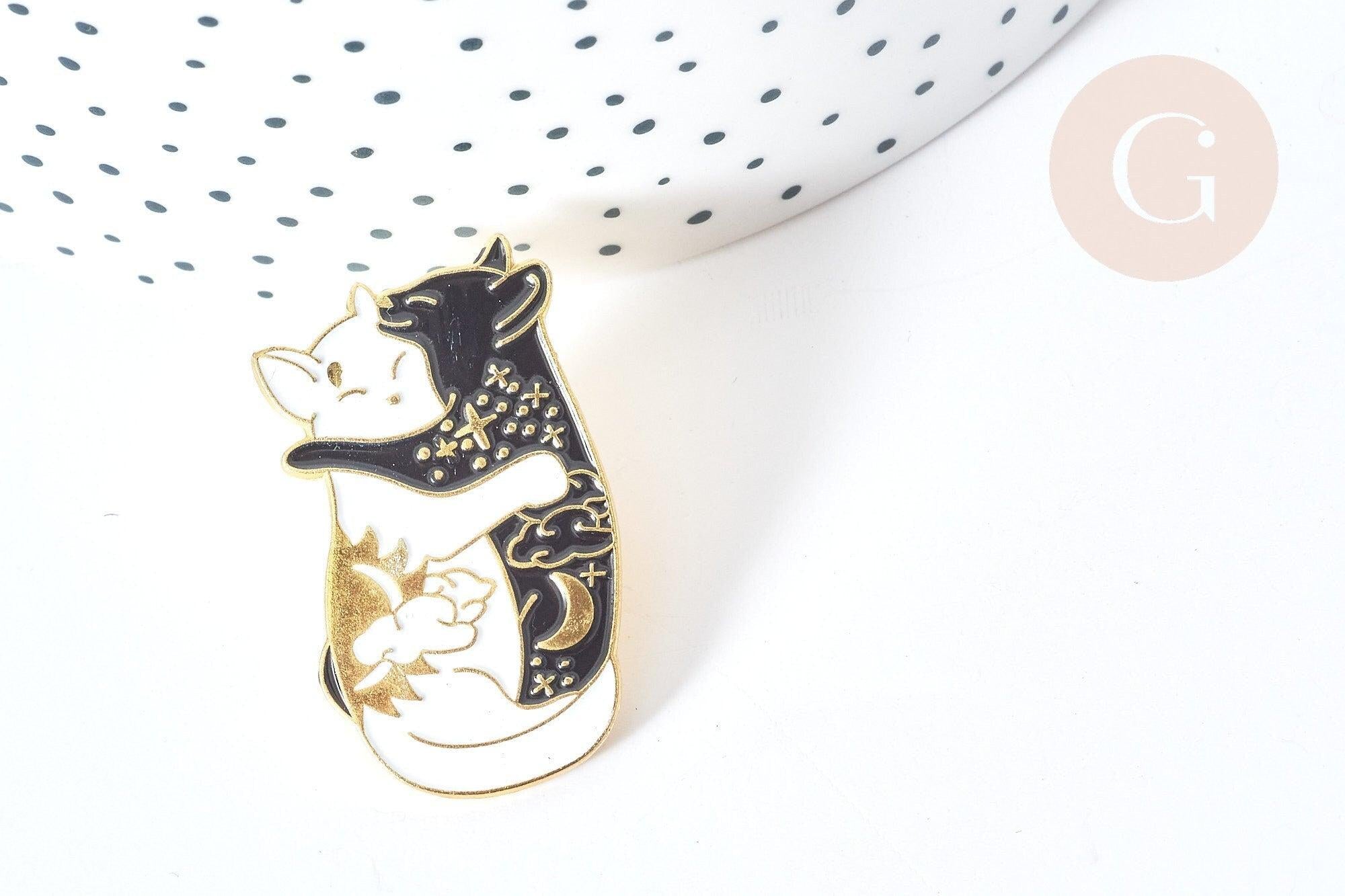 Gingerlily Broche pin's chats émail noir blanc doré 35mm
