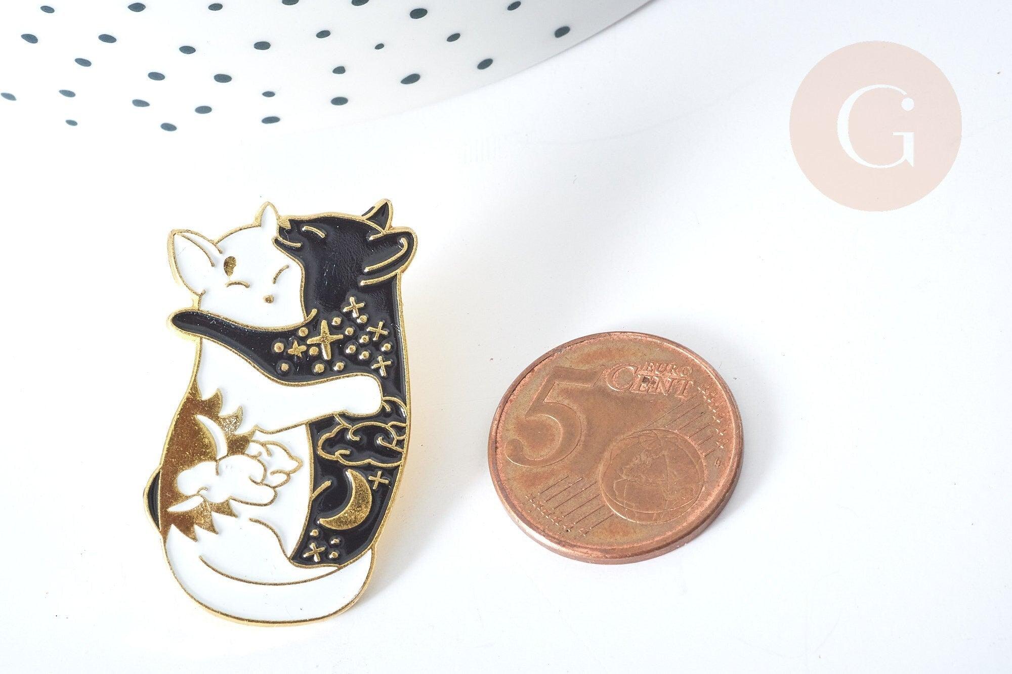 Gingerlily Broche pin's chats émail noir blanc doré 35mm