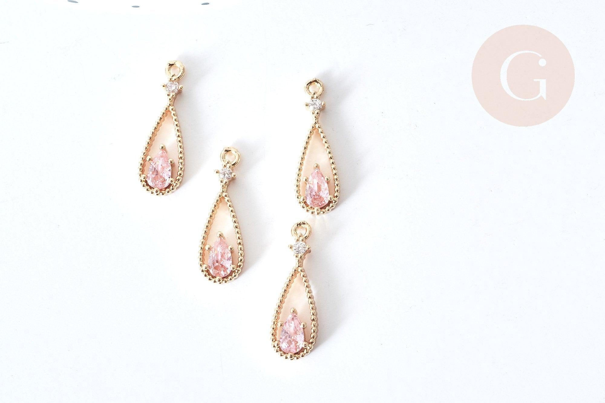 Gingerlily Pendentif goutte laiton doré zircons roses 17,5mm
