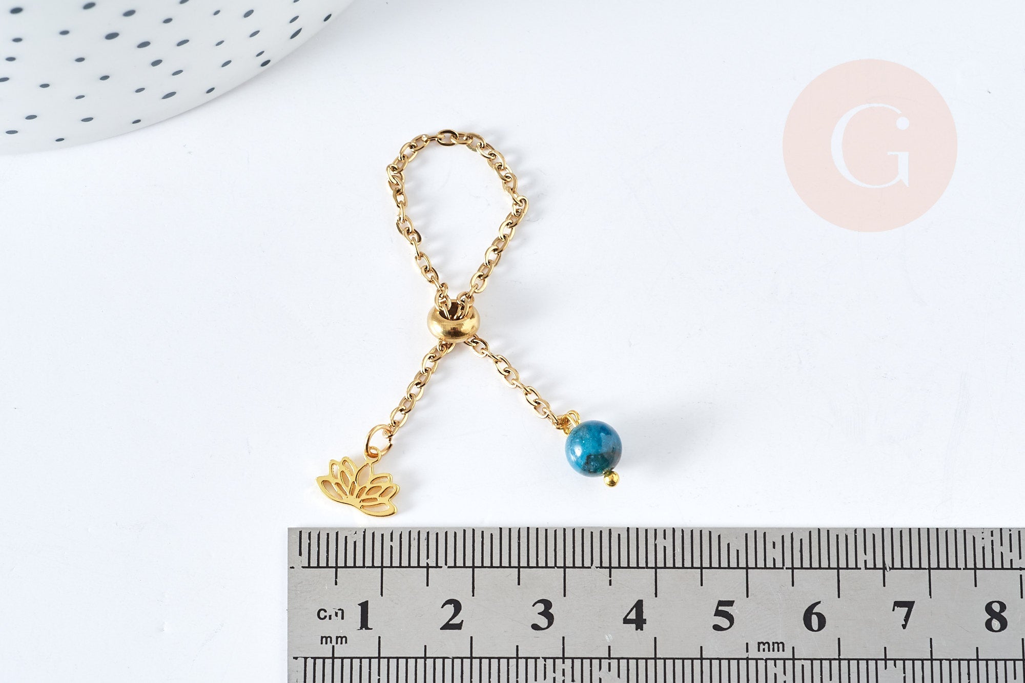 Gingerlily Bague chaîne acier doré lotus apatite bleue 96mm x1