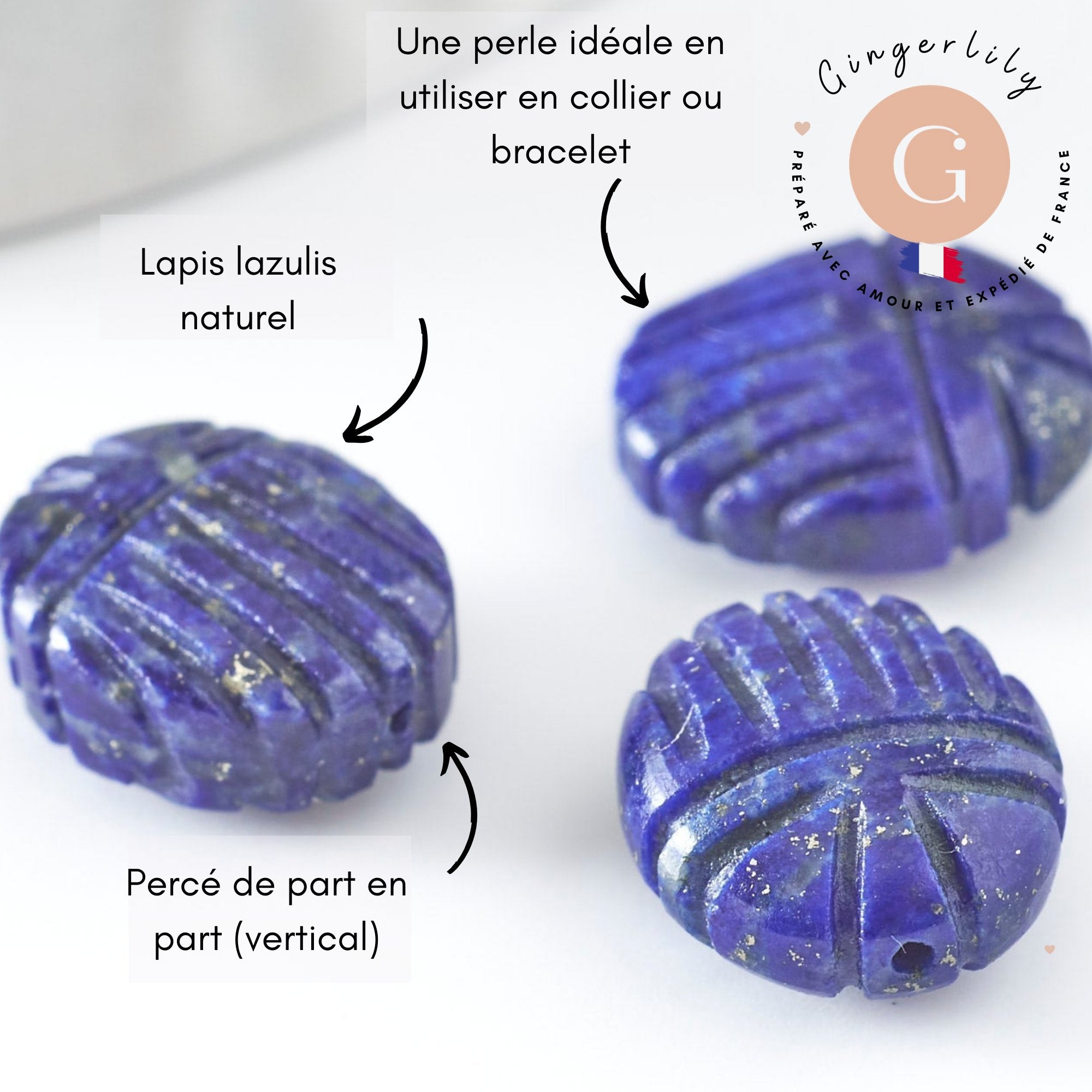 Gingerlily Perle scarabée lapis lazuli 13mm x1 AAA