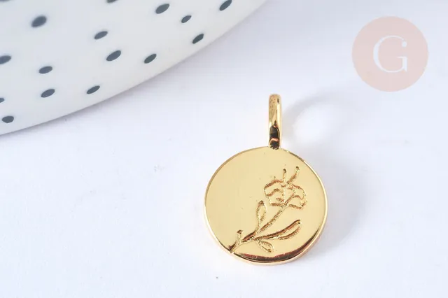 Gingerlily Pendentifs médaille ronde fleur laiton doré 17,5mm x1