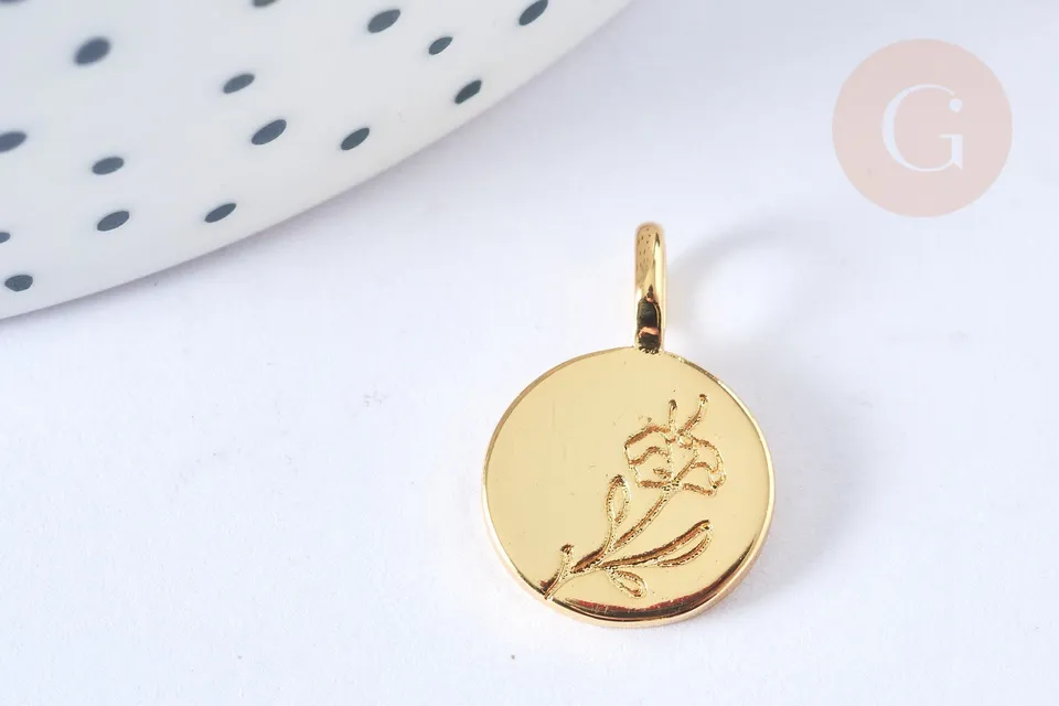 Gingerlily Pendentifs médaille ronde fleur laiton doré 17,5mm x1