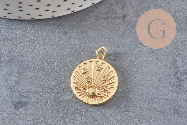 Gingerlily G6075 pendentif médaille planète laiton doré zircons 23,5mm