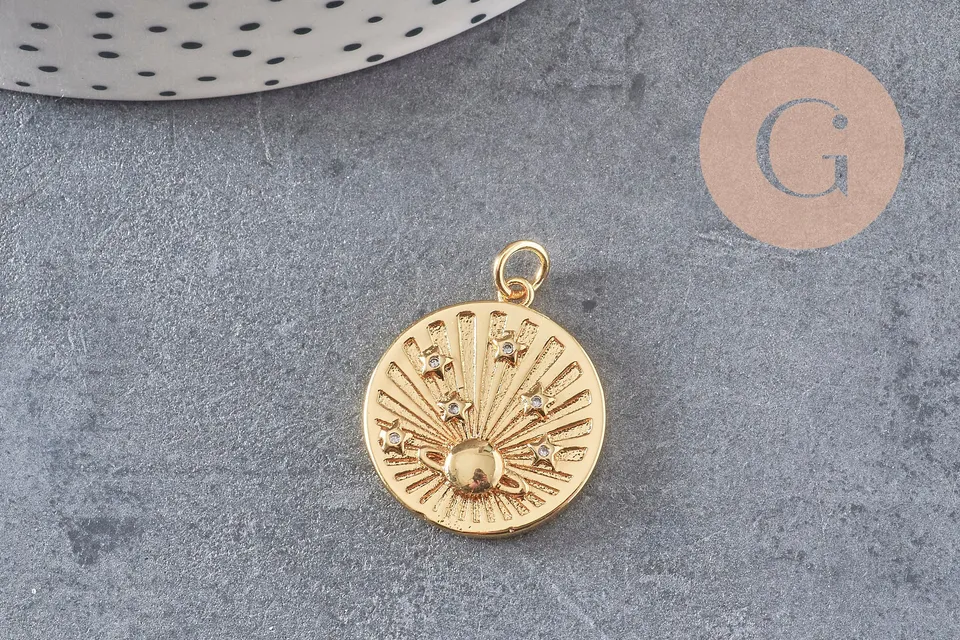Gingerlily G6075 pendentif médaille planète laiton doré zircons 23,5mm