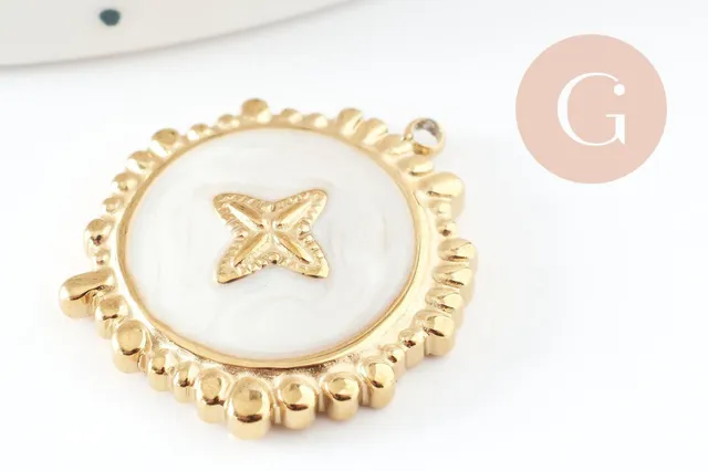 Gingerlily Pendentif rond fleur acier doré résine 23mm