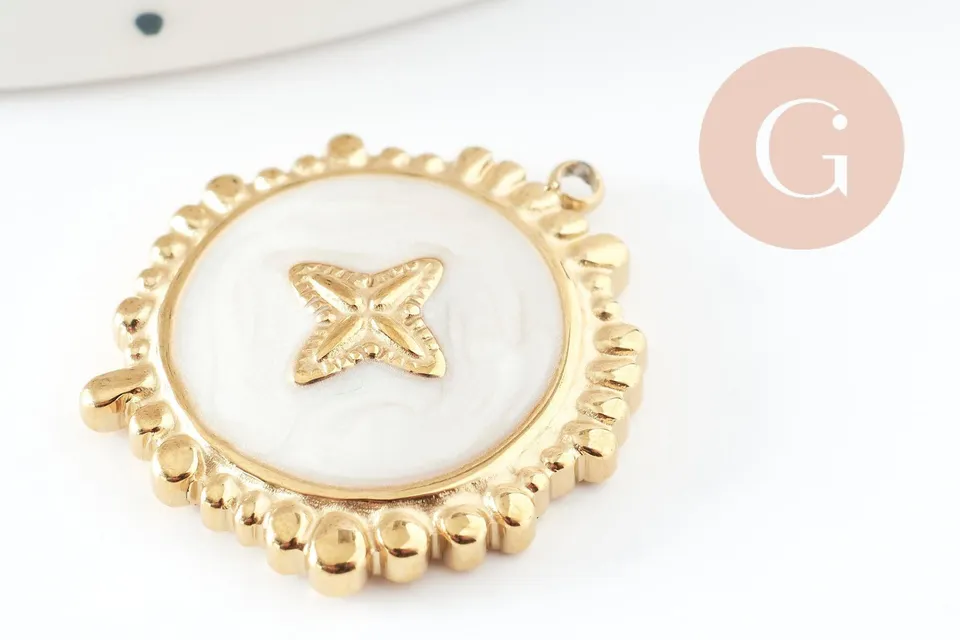 Gingerlily Pendentif rond fleur acier doré résine 23mm