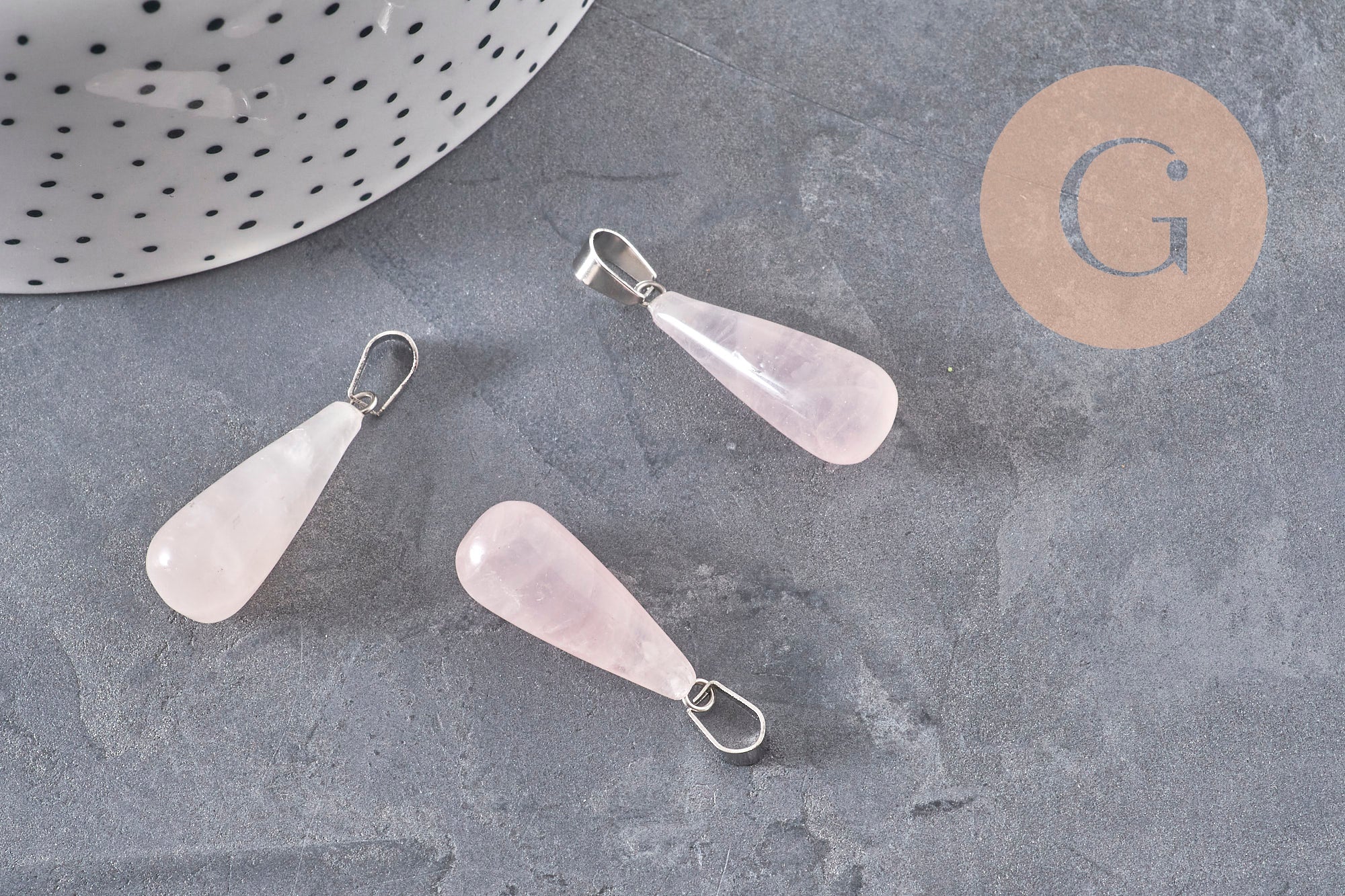Gingerlily pendentif goutte quartz rose G11118 28mm