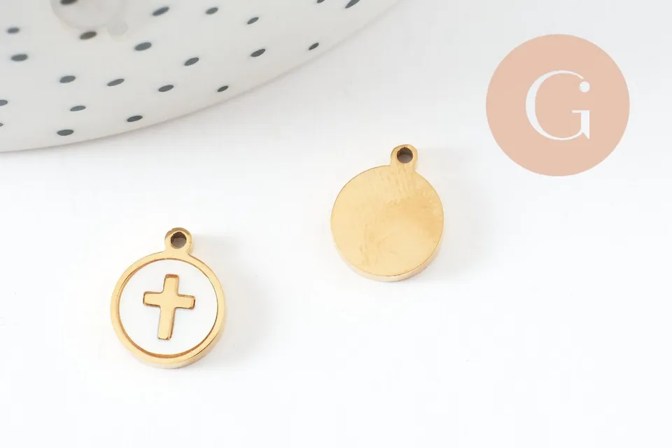 Gingerlily pendentif médaille croix nacre blanche doré G9693