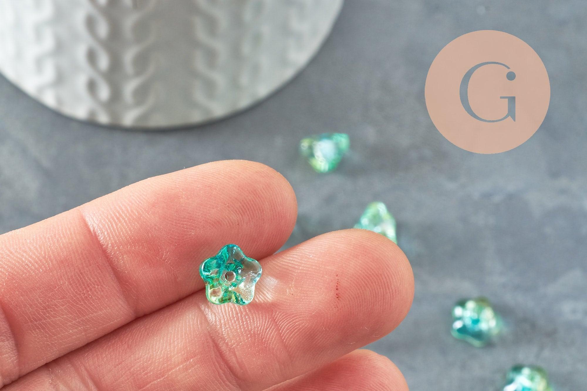 Gingerlily Perles fleur G9836 verre bleu vert 8,5mm x10