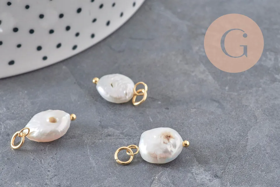 Gingerlily Breloque Perle Keshi Blanche Acier Doré x1
