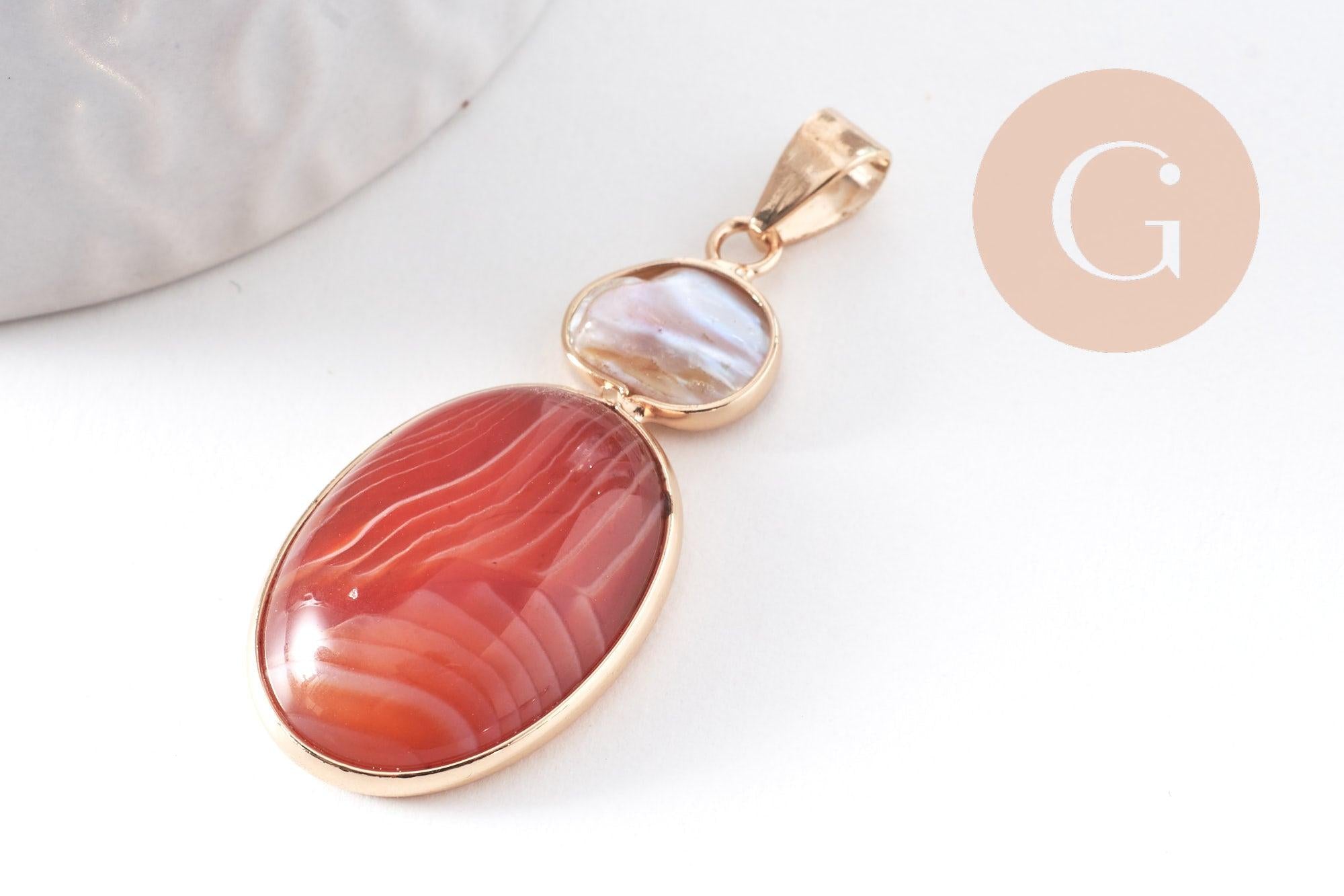 Gingerlily Pendentif agate ovale 42mm perle eau douce doré x1