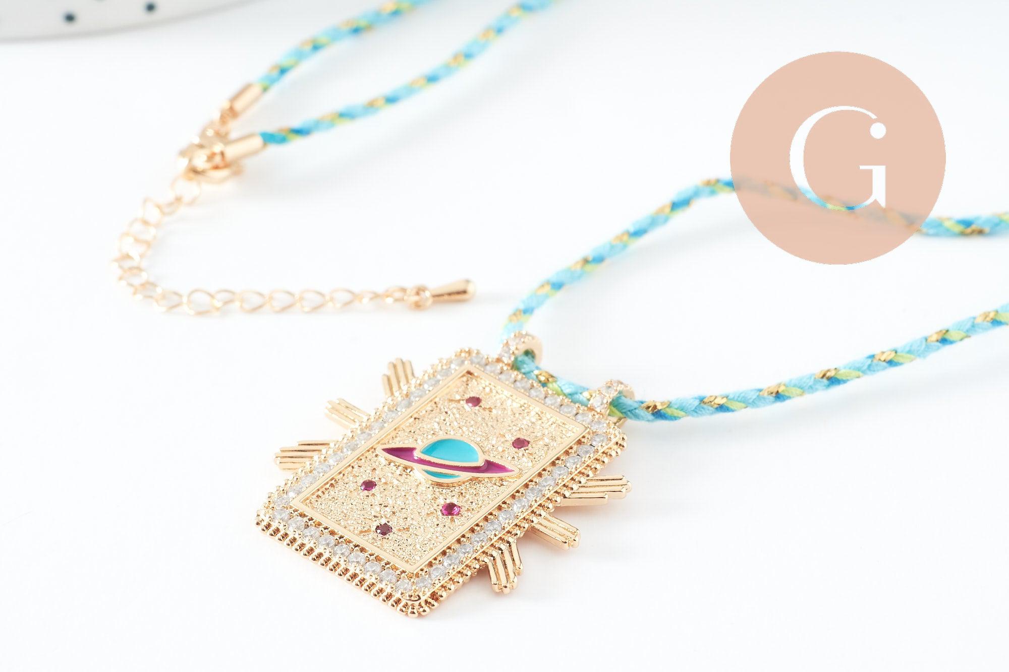 Gingerlily Collier médaille planète zircon doré cordon 45cm