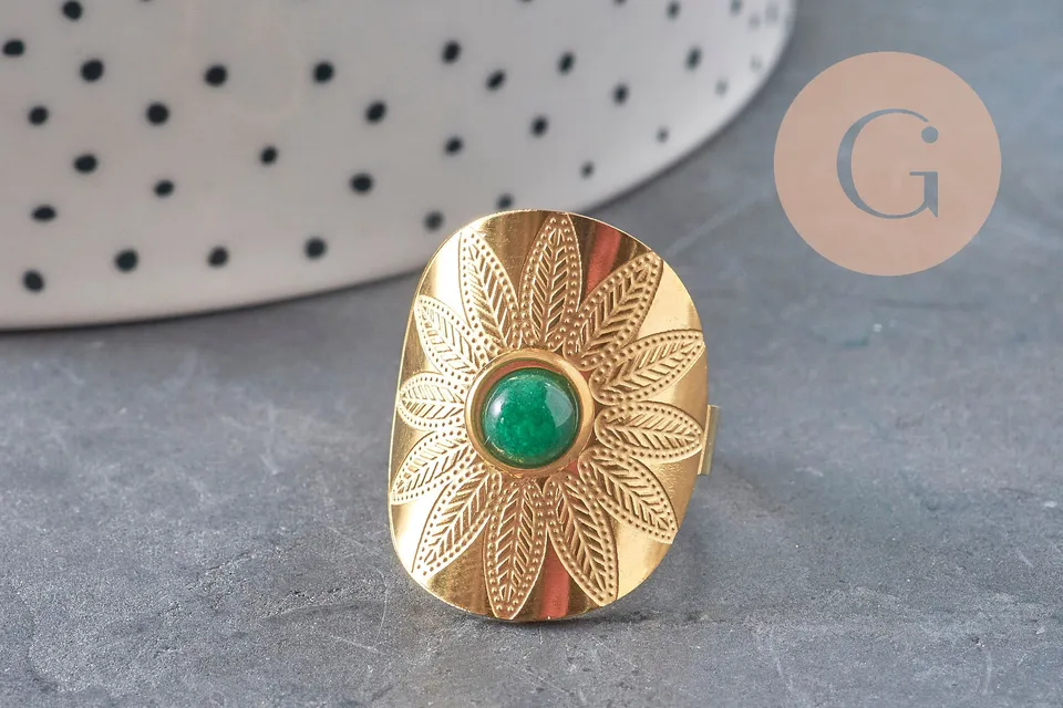 Gingerlily Bague réglable plume acier doré pierre verte 54